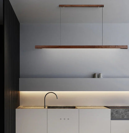 LED Wood Dining Room Fixture 47-Inch Linear Hanging Light Adjustable Height Island Chandelier Natural Pine Kitchen Suspended Lighting Modern