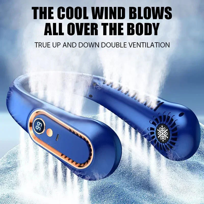 Wearable Bladeless Neck Fan with Digital Display – Hands-Free USB Rechargeable Personal Cooler, 4-Speed Dual Motor, Flexible Neckband for