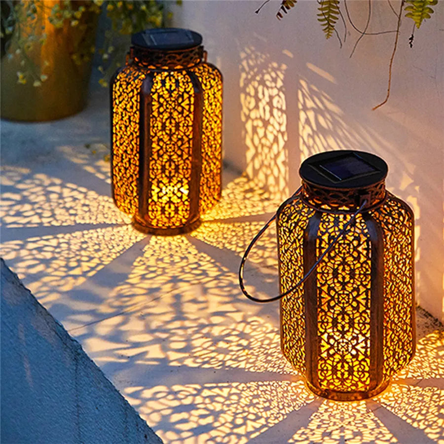Solar Powered Garden Lantern Set Black Metal Decorative Light for Patio Pathway Balcony Hanging or Tabletop Warm Glow Wireless LED Dusk to D