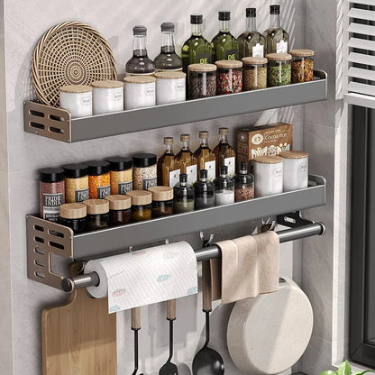Organisateur d'étagère en aluminium, porte-épices mural de 20 pouces gris acier avec barre à serviettes, installation par adhésif ou vis pour petite cuisine ou appartement en location
