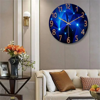 Geometric Quartz Timepiece Navy Blue 12 Inch Round Glass Face Gold Hands Whisper Quiet Analog for Bedroom Office Apartment Contemporary Home