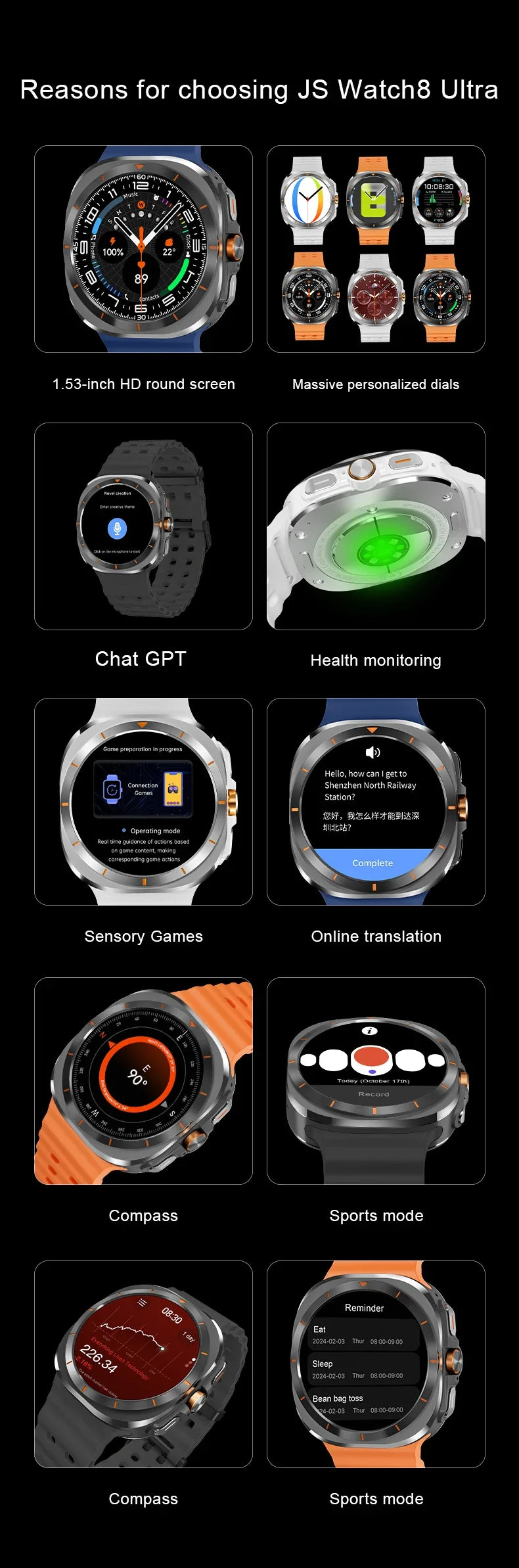 Ultra 8 | Montre intelligente Bluetooth avec boussole et intégration ChatGPT | Suivi de fitness pour le contrôle quotidien de la santé