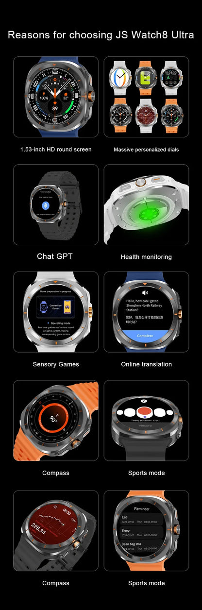 Ultra 8 | Montre intelligente Bluetooth avec boussole et intégration ChatGPT | Suivi de fitness pour le contrôle quotidien de la santé