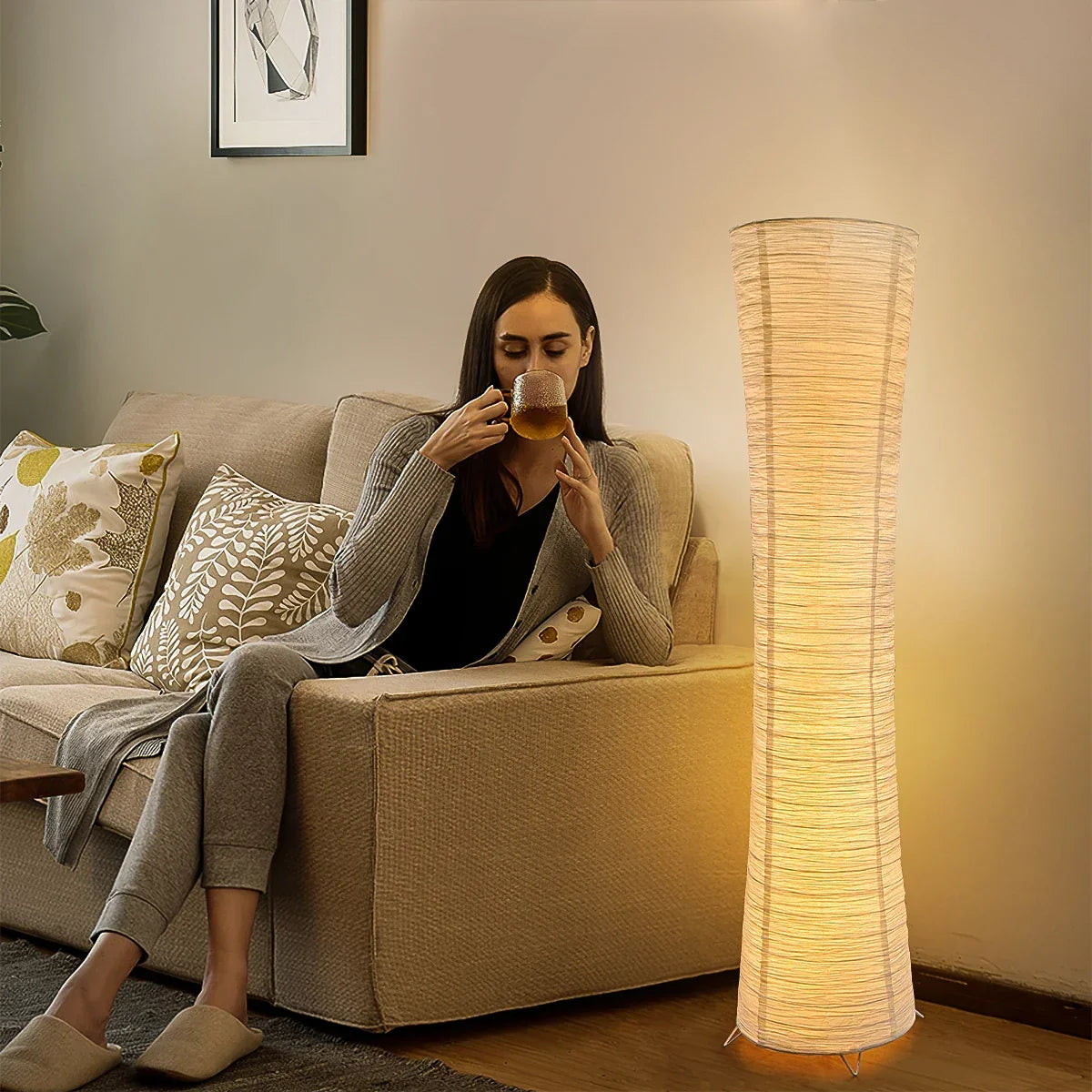 42-Inch Tall Standing Lamp with Paper Lantern Shade White for Bedroom Corner Reading Light Adjustable Color Temperature Remote Control Minim