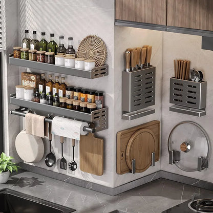 Organisateur d'étagère en aluminium, porte-épices mural de 20 pouces gris acier avec barre à serviettes, installation par adhésif ou vis pour petite cuisine ou appartement en location