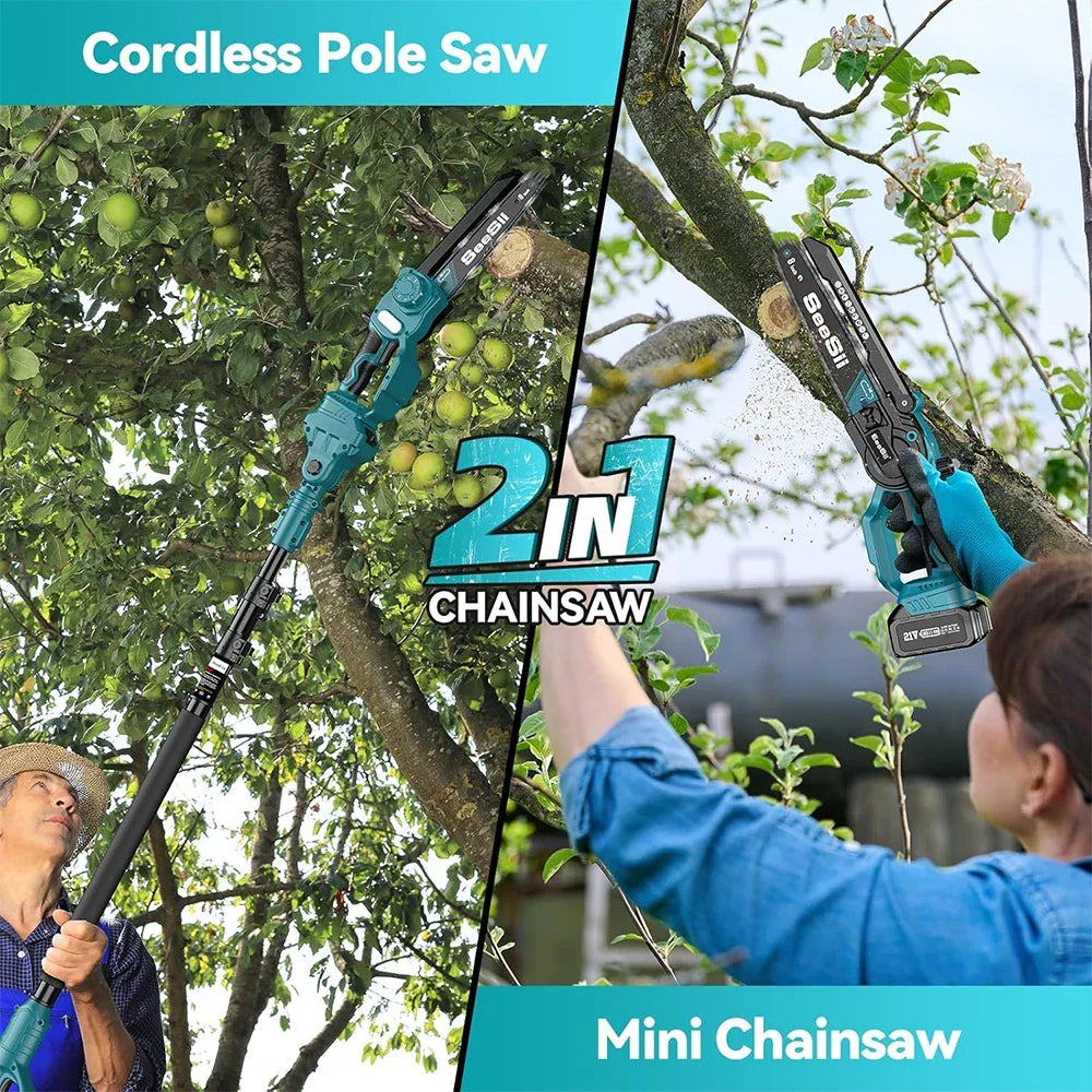 21V Telescoping Pole Chainsaw with Adjustable Head for Tree Trimming & Branch Removal, 8-Inch Bar, 16-Foot Working Reach, Lightweight Cordle