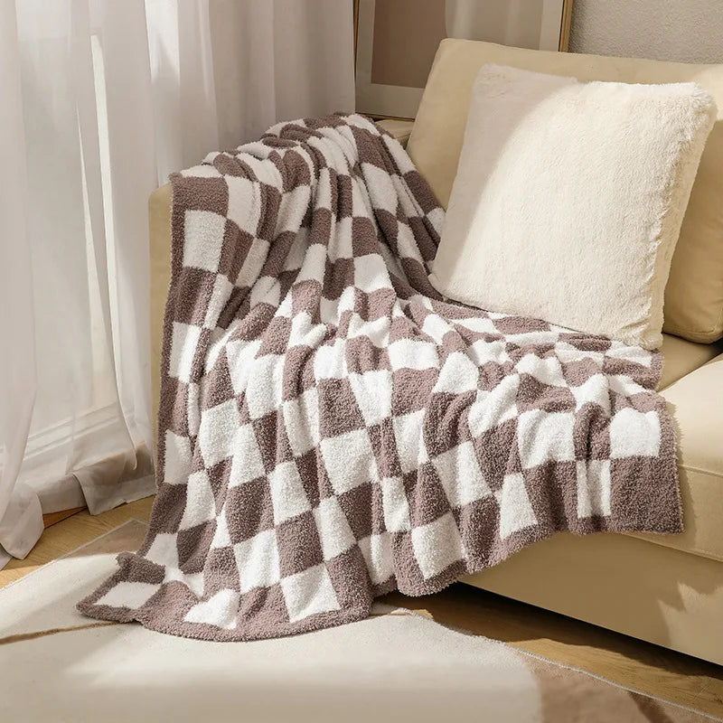 Elegant Home | Nordic Throw Blanket with Plush Velvet Surface | Chic Checkered Design for Cozy Interiors