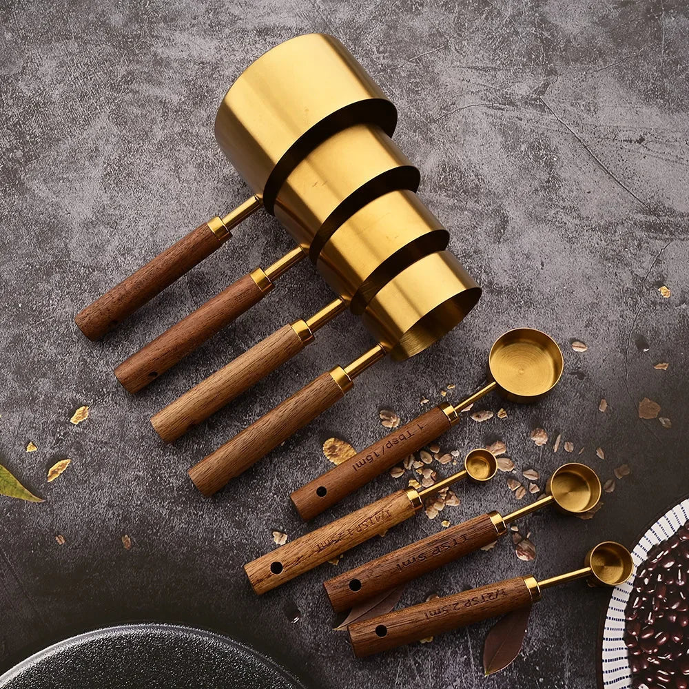 8-Piece Nesting Kitchen Measuring Spoons with Wood Handles Stainless Steel Cooking Baking Tools Set