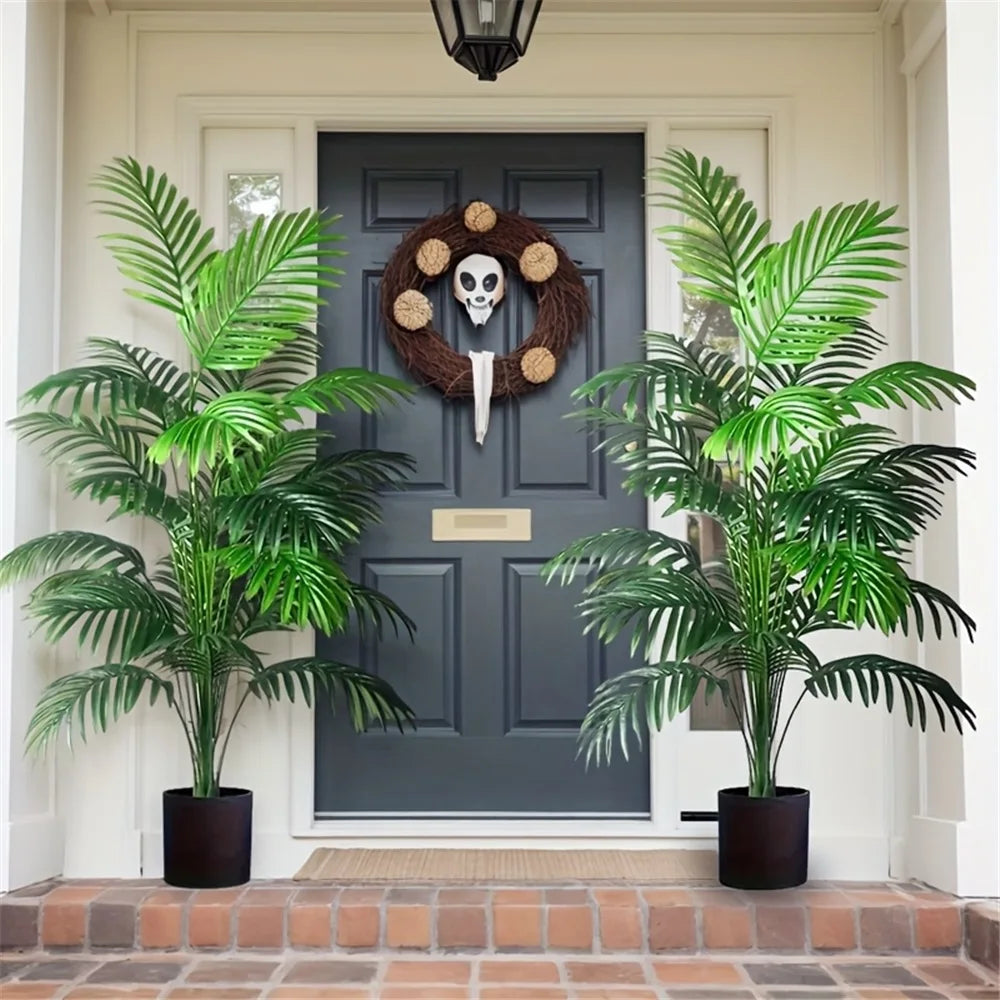Faux Tropical Palm Plant 35-Inch Tall Duo Indoor Outdoor Green Foliage Living Room Entryway Corner Décor No-Water Maintenance-Free Greenery