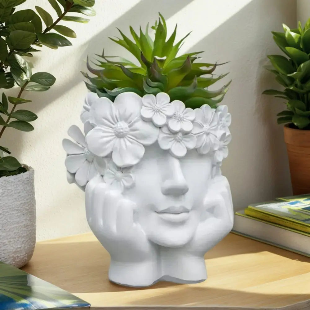 Sculptural Face Planter with Botanical Crown – White Resin Plant Holder for Succulents & Herbs – 6 inch Indoor Outdoor Decorative Container
