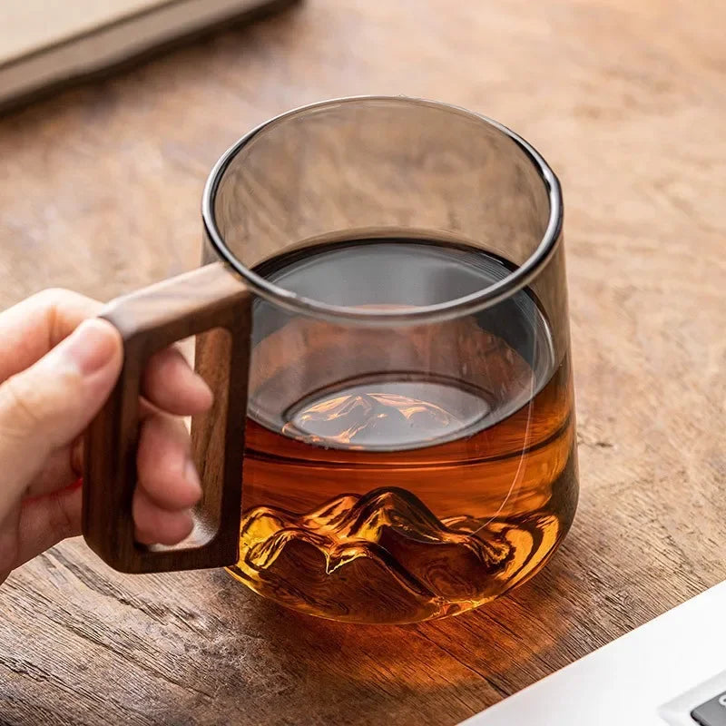 Alpine-Inspired Clear Glass Coffee Mug with Wooden Handle for Tea, Coffee & Hot Beverages | Borosilicate Heat-Resistant Drinkware for Home,