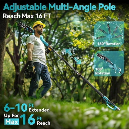21V Telescoping Pole Chainsaw with Adjustable Head for Tree Trimming & Branch Removal, 8-Inch Bar, 16-Foot Working Reach, Lightweight Cordle