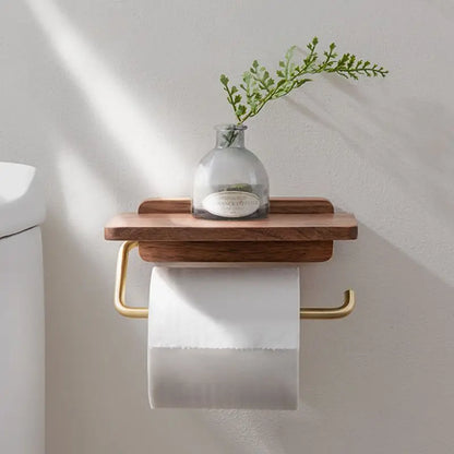 Bathroom Tissue Dispenser with Storage Shelf | Space-Saving Wood Wall Mount for Small Powder Rooms, En-Suites & Modern Restrooms | Natural W