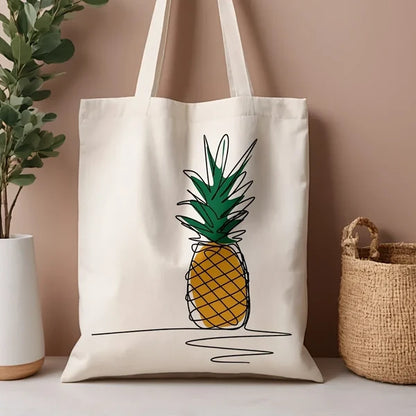 PINELIVA – Stylish Pineapple Print Canvas Tote Bag for Everyday Use