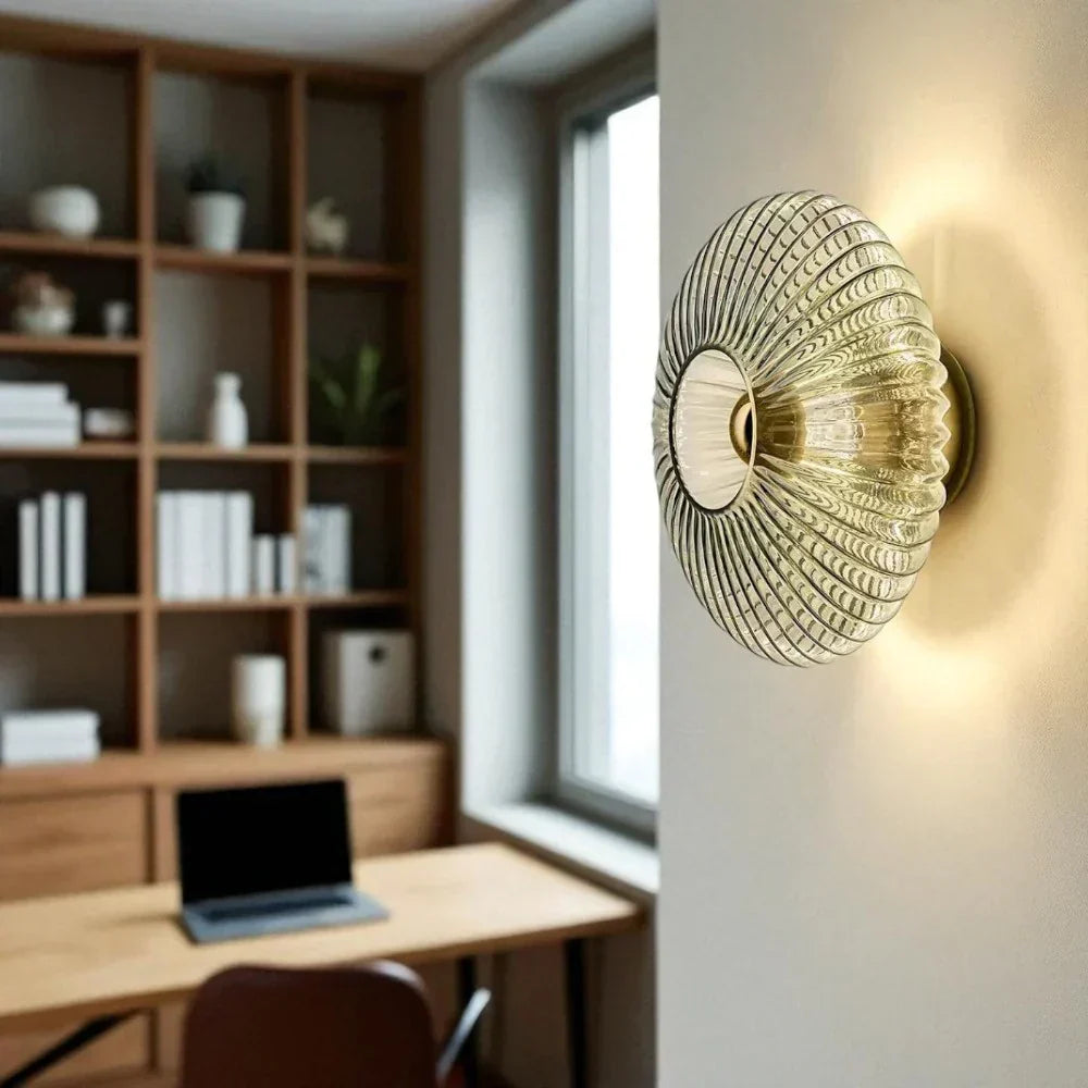 Textured Glass Shell Sconce in Golden Amber Finish for Bedroom Hallway Living Room Accent Lighting