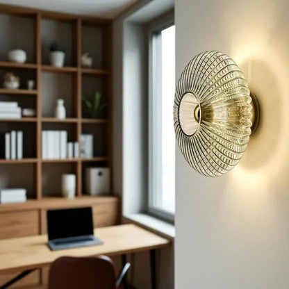 Textured Glass Wall Sconce Amber Finish Shell Design Bedroom Hallway Lighting Indoor Mounted Accent Fixture Vintage Modern Decorative Light
