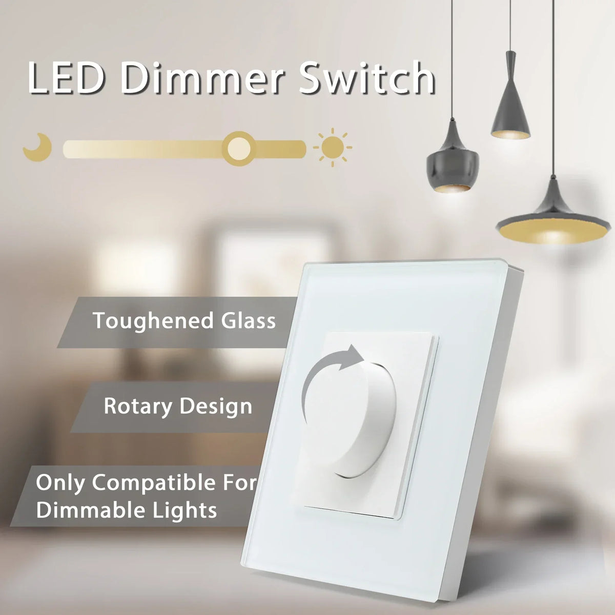 Variateur rotatif 3,4 pouces avec panneau en verre, commande tactile, compatible LED, pour chambre, salon, salle à manger, montage mural domestique