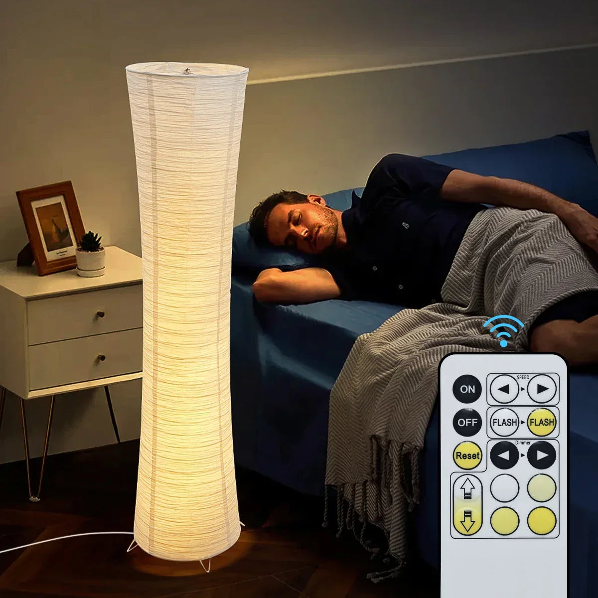 42-Inch Tall Standing Lamp with Paper Lantern Shade White for Bedroom Corner Reading Light Adjustable Color Temperature Remote Control Minim