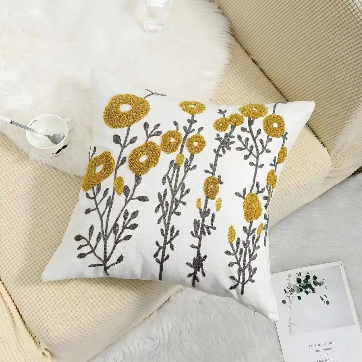 Floral Embroidered Throw Pillow Cover 18x18 Inches Cotton Canvas White Decorative Cushion Case for Couch Bed Chair Farmhouse Modern Living R