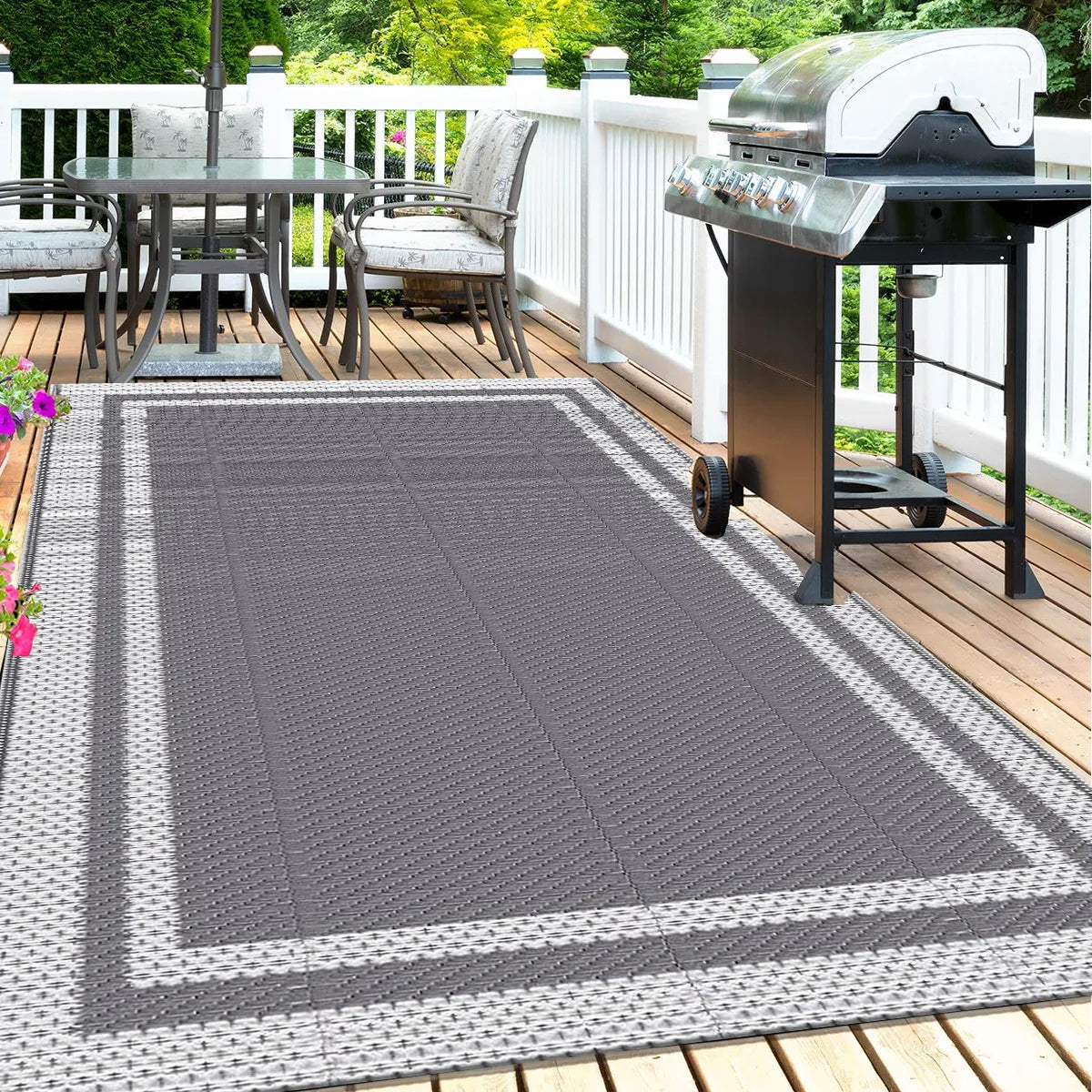 Tapis de sol résistant aux intempéries pour terrasses, porches et jardins, 150 × 240 cm, revêtement de patio tissé réversible gris pour camping, camping-car et balcon