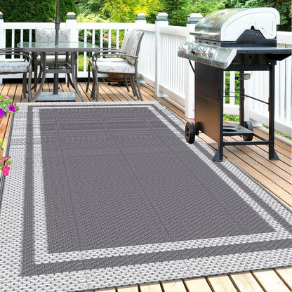 Tapis de sol résistant aux intempéries pour terrasses, porches et jardins, 150 × 240 cm, revêtement de patio tissé réversible gris pour camping, camping-car et balcon