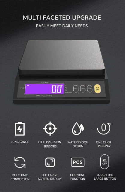 Balance de cuisine numérique étanche – Capacité de 5 kg / 1 g ou 10 kg / 1 g, balance culinaire rechargeable à écran LCD pour la préparation des repas, la pâtisserie et le contrôle des portions