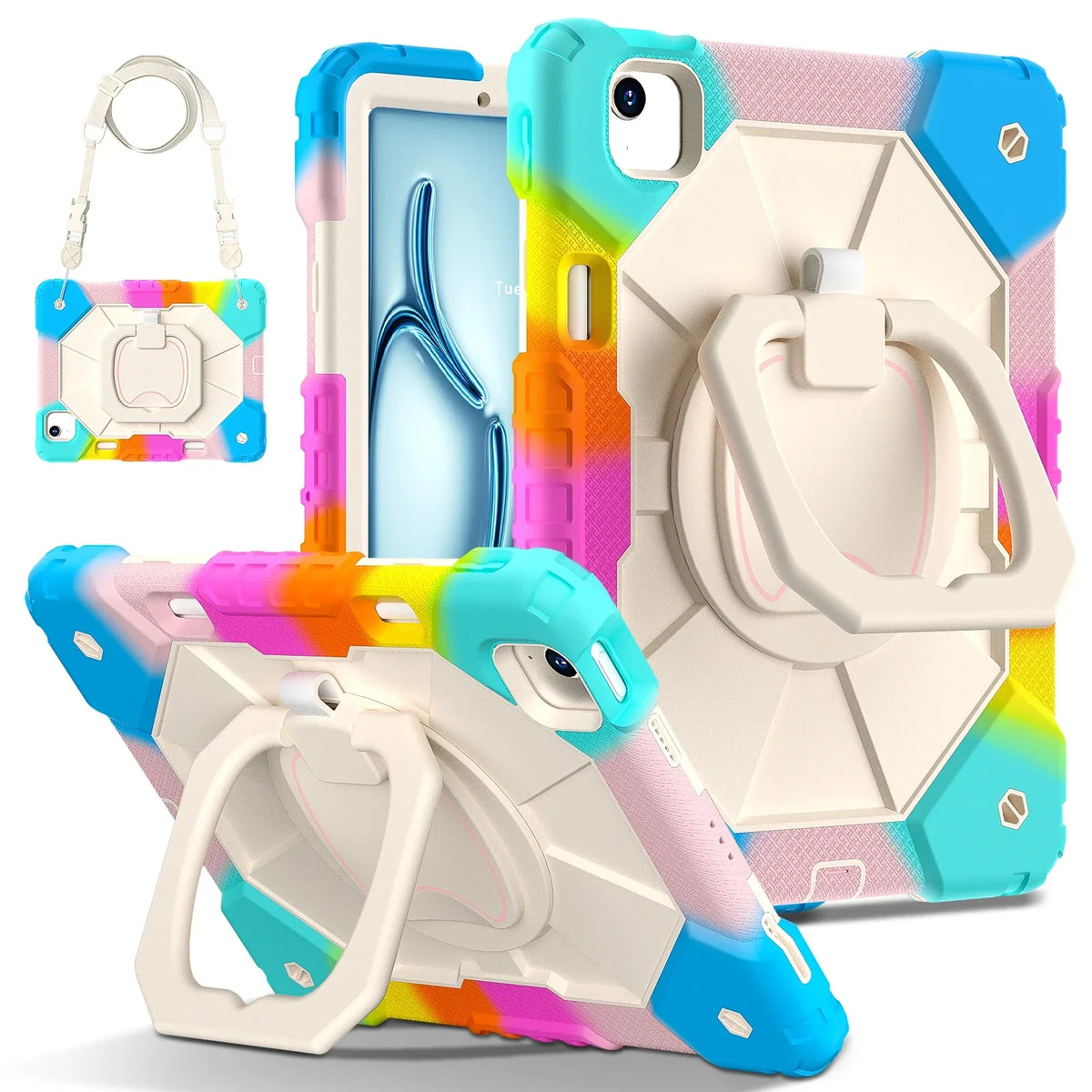Triple-Layer iPad Protective Case with 360° Rotating Hand Grip, Integrated Kickstand & Shoulder Strap | Tempered Glass Screen Protector