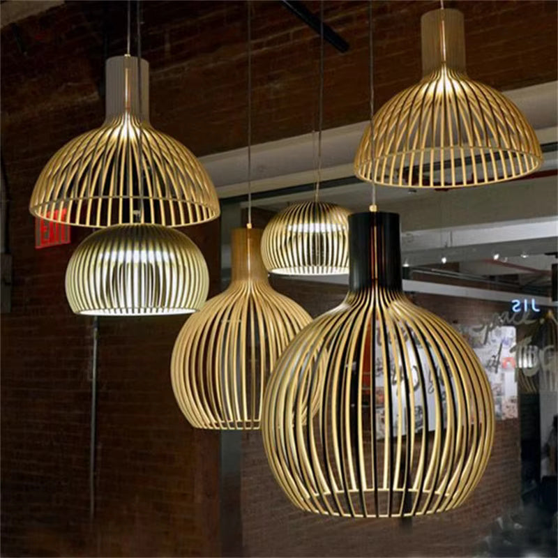 Cage Pendant Light E27 Adjustable Height for Kitchen Island Dining Table Open Frame Wood Metal Fixture Modern Scandinavian Farmhouse Rustic