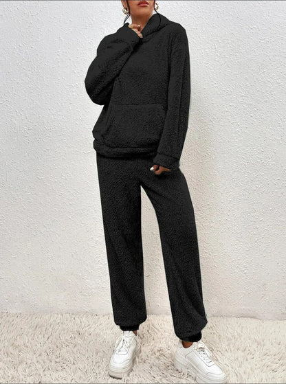 Hooded Teddy Fleece Loungewear Set for Women – Two-Piece Oversized Sweatsuit with Pocket – Cozy Winter Homewear Outfit