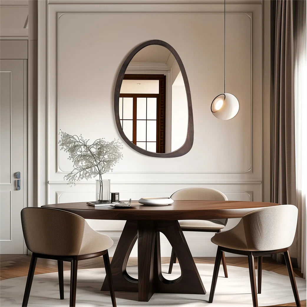 Asymmetric Wooden Frame Mirror 20x28 in Walnut Finish Rubberwood Contemporary Decor for Entryway Living Room Bedroom Hallway