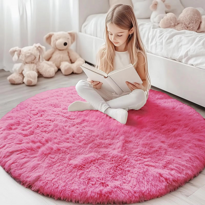 Round Shag Area Rug 59 Inch – Ultra Soft Plush Circle Carpet for Living Room Bedroom Playroom Nursery – Non-Slip Backing Machine Washable