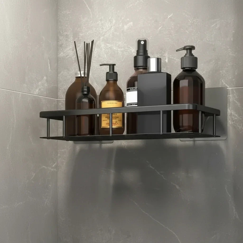 Organisateur de douche d'angle adhésif à montage mural – Étagère de rangement étanche sans perçage pour salle de bain, toilettes et lavabo – ABS et acier en noir ou argent