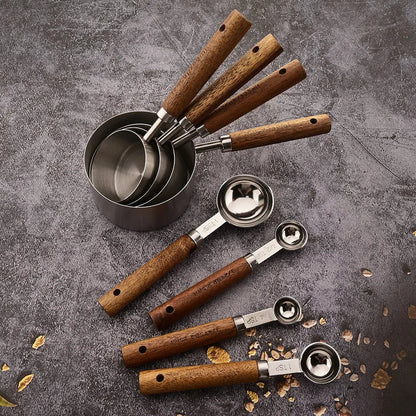 8-Piece Nesting Kitchen Measuring Spoons with Wood Handles Stainless Steel Cooking Baking Tools Set