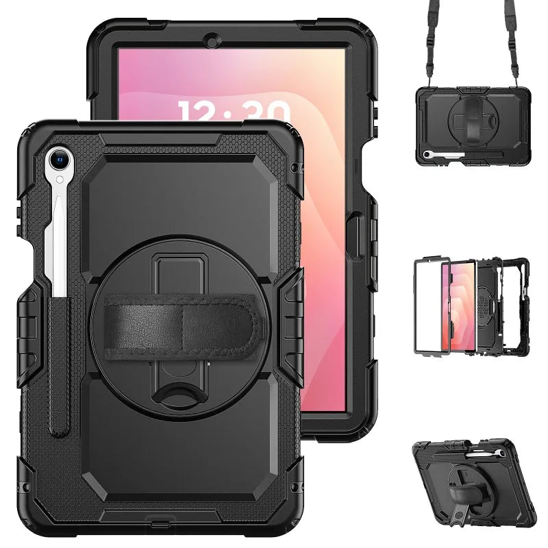 Heavy-Duty Tablet Case for Samsung Galaxy Tab S11–S7 with Rotating Hand Strap, Kickstand & Shoulder Strap