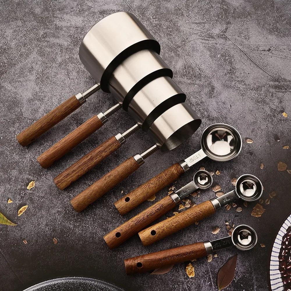 8-Piece Nesting Kitchen Measuring Spoons with Wood Handles Stainless Steel Cooking Baking Tools Set
