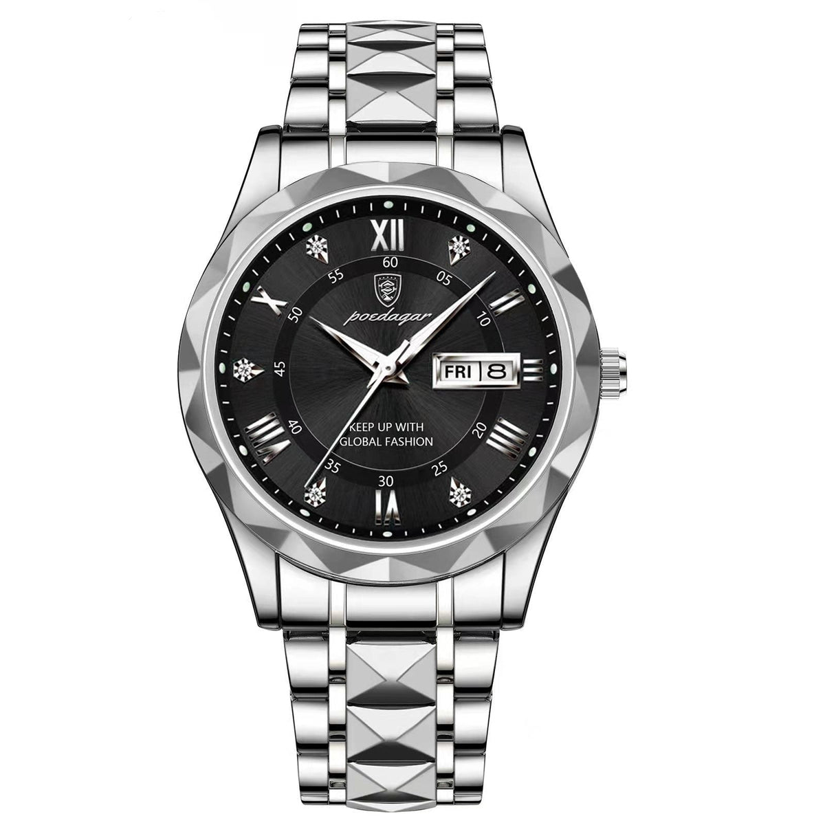 Stainless Steel Men's Watch with Luminous Dial & Date Display