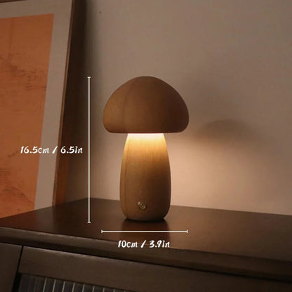 Natural Wood Toadstool Table Lamp with Adjustable Glow and USB Charging for Bedroom, Nursery, or Living Room Ambient Lighting