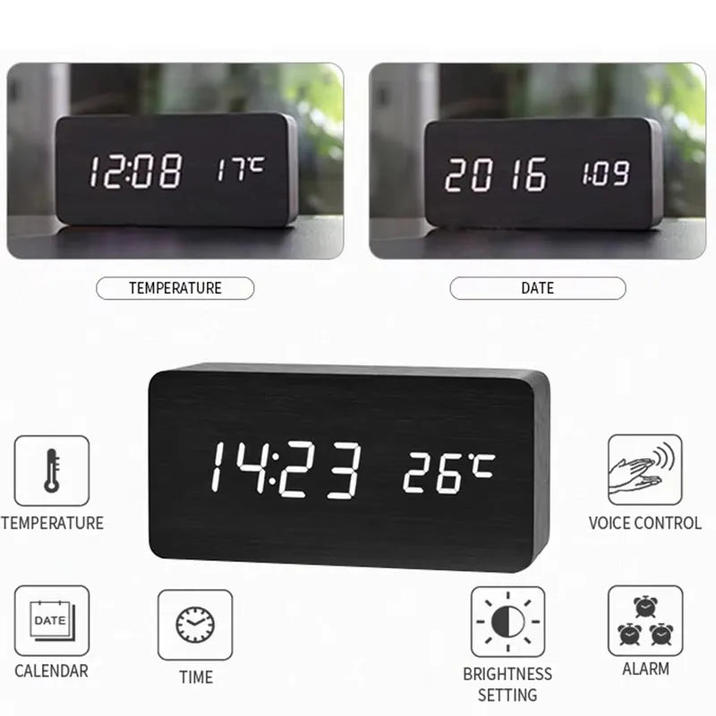 Réveil numérique à LED avec triple alarme, affichage de la température, réglage de la luminosité, finition grain de bois, alimentation USB, pour chambre, bureau, table de chevet