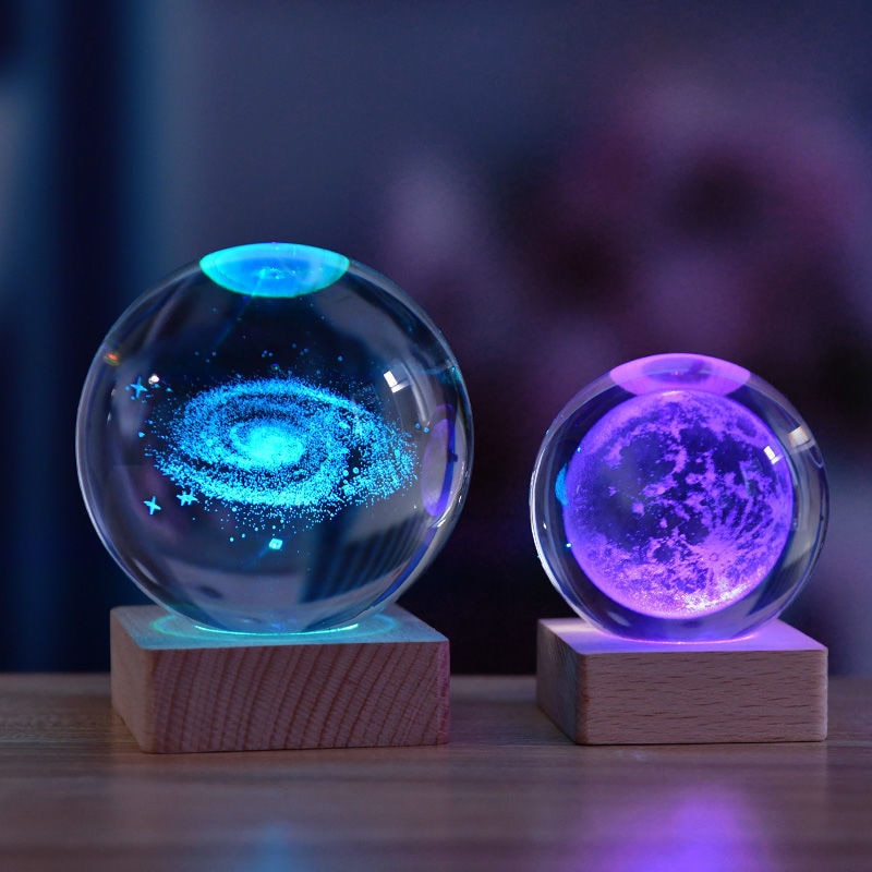 Crystal Sphere LED Nightlight 2.4 in 3D Engraved Accent Lamp Wooden Base USB Powered for Bedroom Office Desk Ambient Glow Decorative Lightin