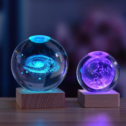 Crystal Sphere LED Nightlight 2.4 in 3D Engraved Accent Lamp Wooden Base USB Powered for Bedroom Office Desk Ambient Glow Decorative Lightin
