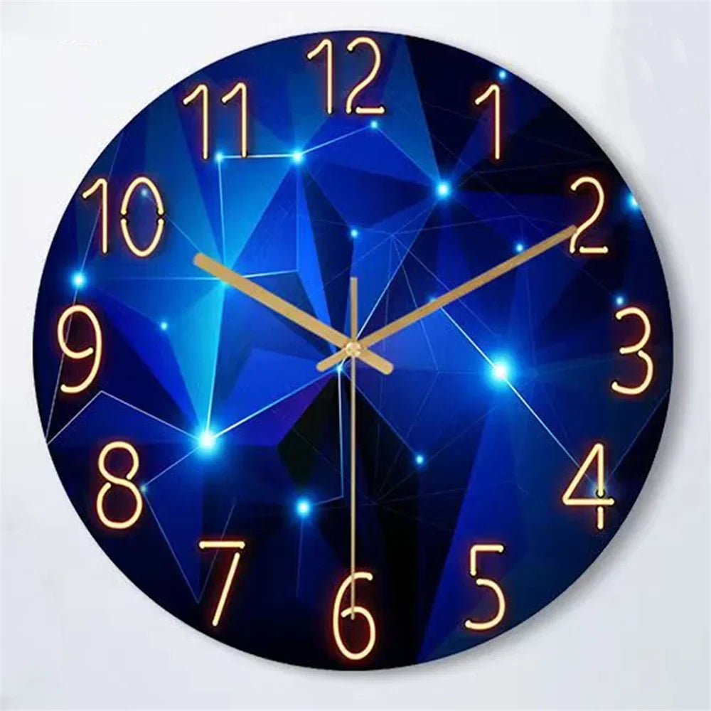 Geometric Quartz Timepiece Navy Blue 12 Inch Round Glass Face Gold Hands Whisper Quiet Analog for Bedroom Office Apartment Contemporary Home