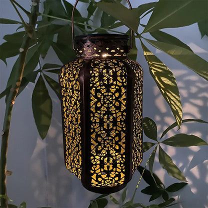 Openwork Metal Solar Lantern 9.3 in Hanging or Tabletop Garden Patio Light Outdoor Decorative Moroccan-Inspired Design for Porch Balcony Pat