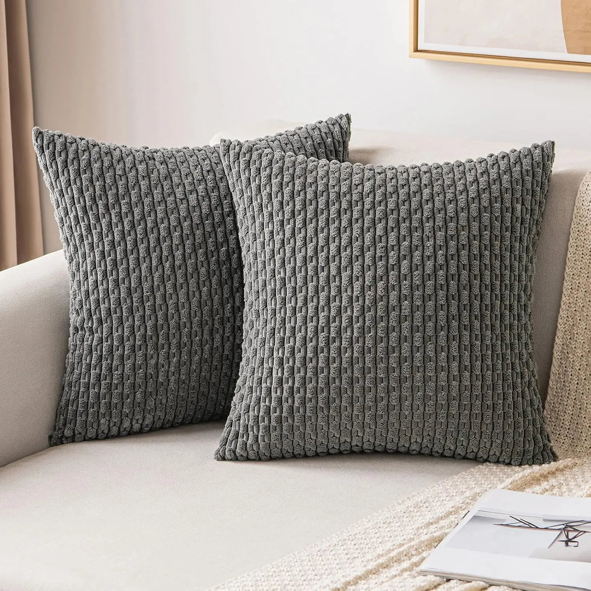 Ribbed Throw Pillow Cover 18×18 Inch Polyester Cotton Blend Textured Decorative Accent for Sofa Couch Armchair Bedroom Modern Scandinavian B