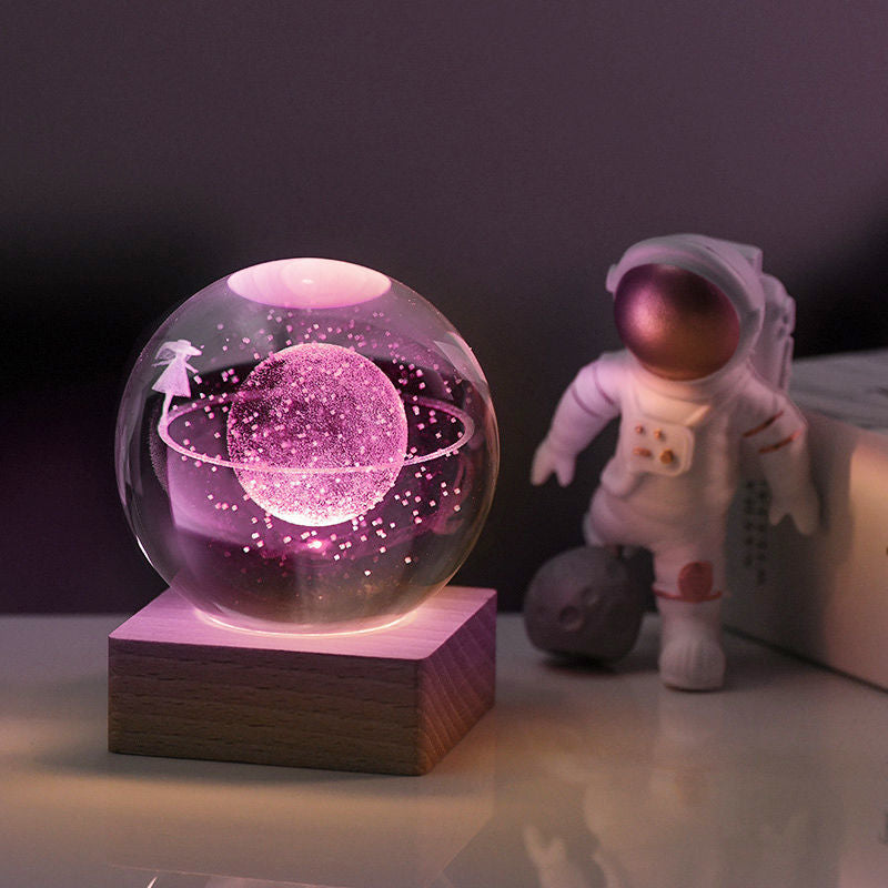 Crystal Sphere LED Nightlight 2.4 in 3D Engraved Accent Lamp Wooden Base USB Powered for Bedroom Office Desk Ambient Glow Decorative Lightin