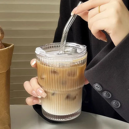 Glass Travel Tumbler with Straw & Lid for Coffee, Tea & Juice - Insulated Borosilicate Cup with Ribbed Design - Reusable Portable Drinkware