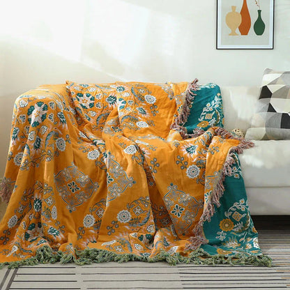 Cozy Luxe | Cotton Blanket with Elegant Boho Jacquard Design | Versatile Throw for Year-Round Comfort
