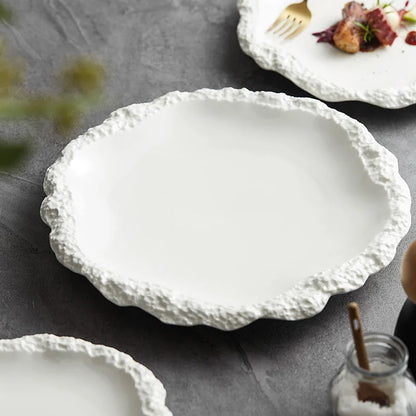 Plat de service en grès de 26,5 cm, rond, bord texturé, vaisselle de table, assiette en porcelaine pour repas quotidiens en cuisine, grand plat rustique
