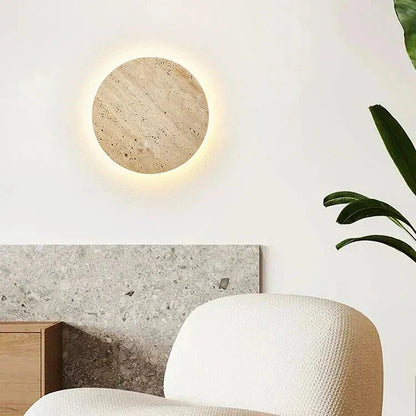 Round Stone Wall Sconce with Integrated Warm LED Light for Bedroom Hallway Living Room Modern Minimalist Travertine Fixture Indoor Ambient L