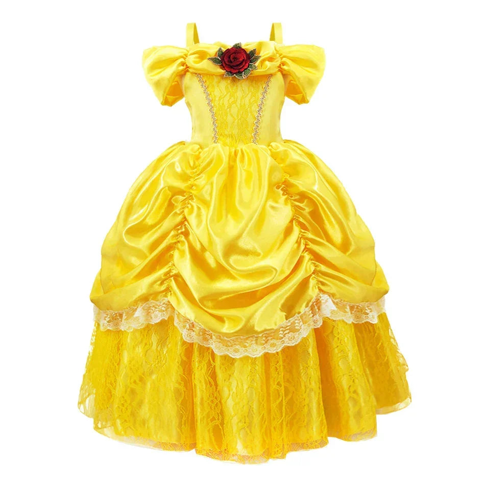 Girls Princess Gown Costume with Tiara and Gloves – Complete Belle-Inspired Dress-Up Set for Birthday Parties, Halloween, Cosplay & Special