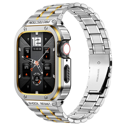 Metal Band and Bumper Case Bundle for Apple Watch 44mm 45mm Series – Shock-Absorbing Frame with Coordinated Strap in Black Silver Gold